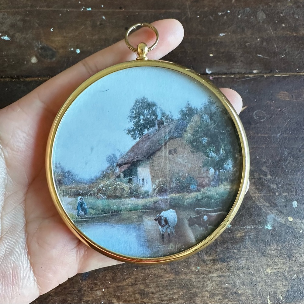 3/$25— Round Gold Framed Farmhouse Scene